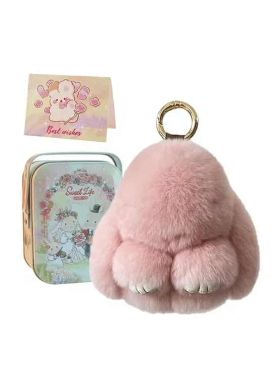 Fluffy Bunny Keychain Soft Plush Rabbit Keychain Tin Box