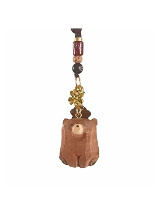 Handmade Wooden Bear Keychain with Four-Leaf Clover Charm, Lucky Keyring Gift