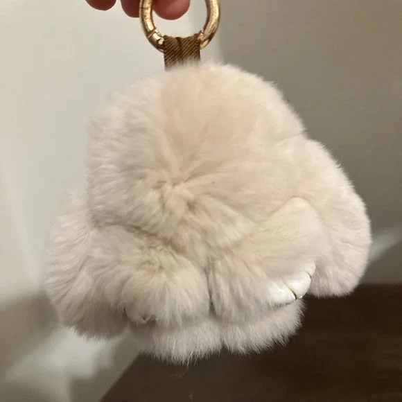 Fluffy Faux Fur Bunny Rabbit Keychain Beige‎ Cream Gold Ring Bag Charm 5 Inch