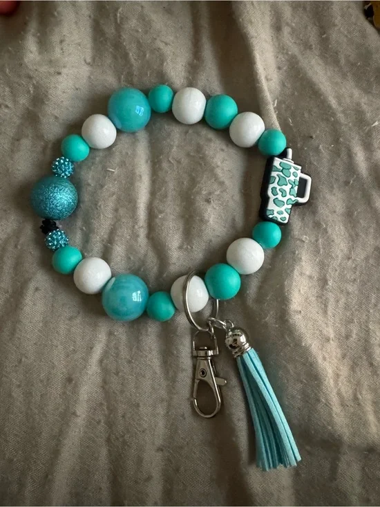Turquoise & White Beaded Key & Card Holder Bracelet with Tassel Charm