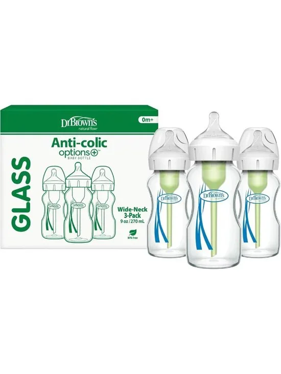 Anti-Colic Wide-Neck Glass Baby Bottles, 9 oz - Set of 3 for Easy Feeding