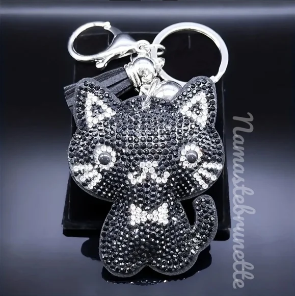 Kitty Cat Crystal Rhinestone Keychain Bag Charm With Black Tassel