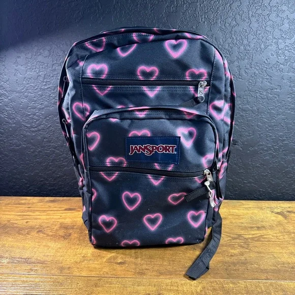 JanSport Big Student JS0A47JK Black Pink Heart Polyester Backpack Unisex OS