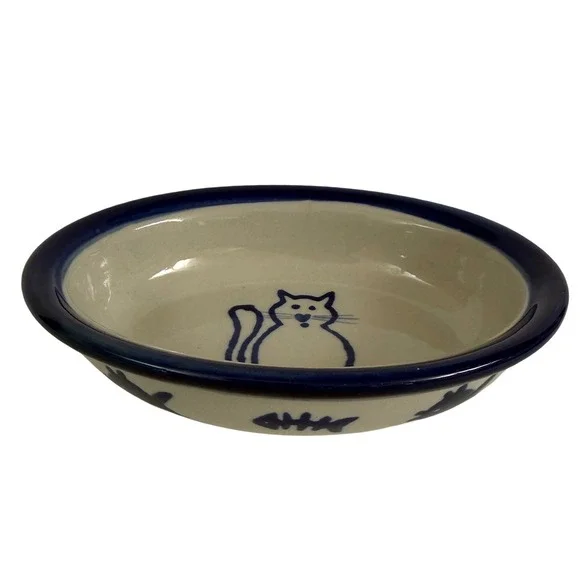 Boots & Barkley Hand Painted Stoneware Cat Food Bowl Blue‎ Fish Oval 6.5