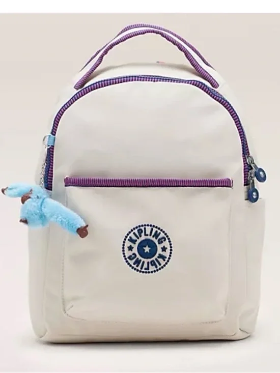 Kipling Cream Kids Backpack with Purple Trim and Blue Charm