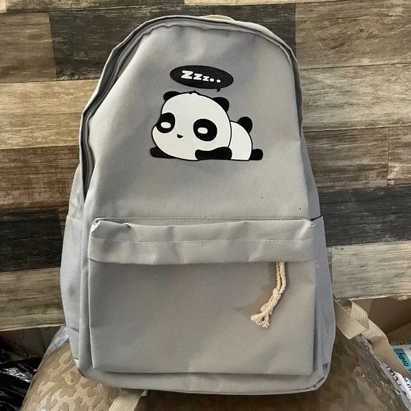 Grey Sleeping Panda Canvas Backpack School Travel Bag with Adjustable Straps