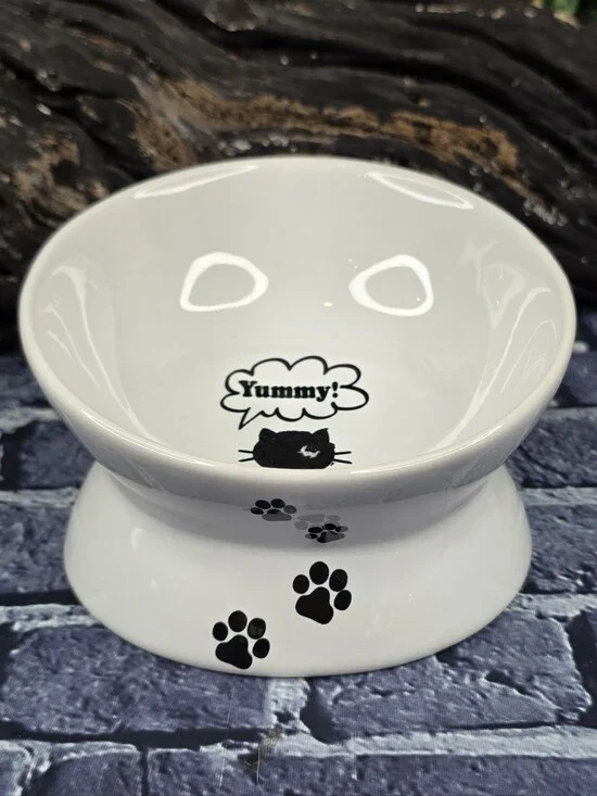 YHY Raised Tilted Ceramic Cat Bowl with Paw Prints & “Yummy!” Design