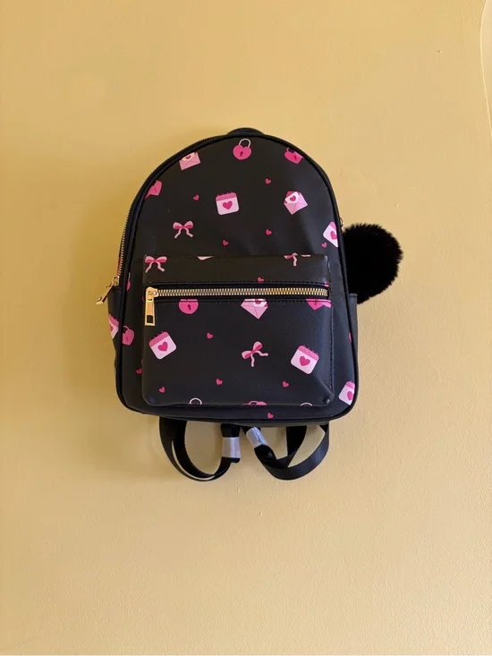 Kids Black Mini Backpack with Pink Heart & Bow Print