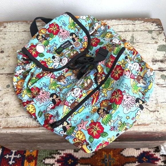 Vintage Hawaii Kids Backpack Aloha Hula Manapua Blue Canvas Bag