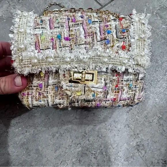 Chic Tweed Pearl-Embellished Bag