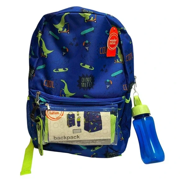 Wonder Nation Backpack 5 Piece Set Boys One Size Blue Dinosaur Skateboard