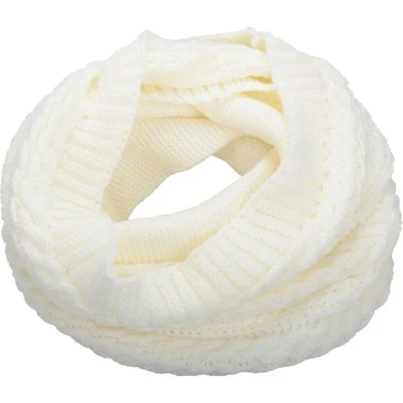 Women's Crochet White Thick Ribbed Knit Winter Infinity Circle Loop Scarf
