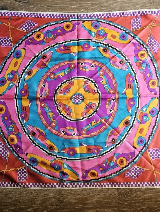 Vibrant Geometric Racecar Print Silk Scarf - Pink, Turquoise, Orange Red