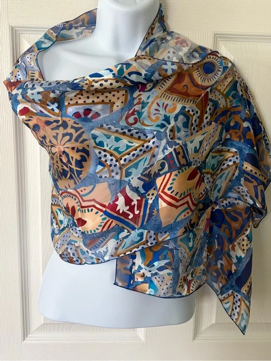 Brochier Soieres Silk Geometric Design Scarf in Blue and Gold