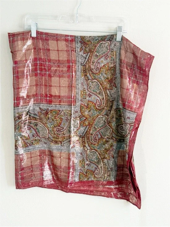 OSCAR DE LA RENTA Women’s Red Multi Paisley Plaid Metallic Square Scarf 42”X42”