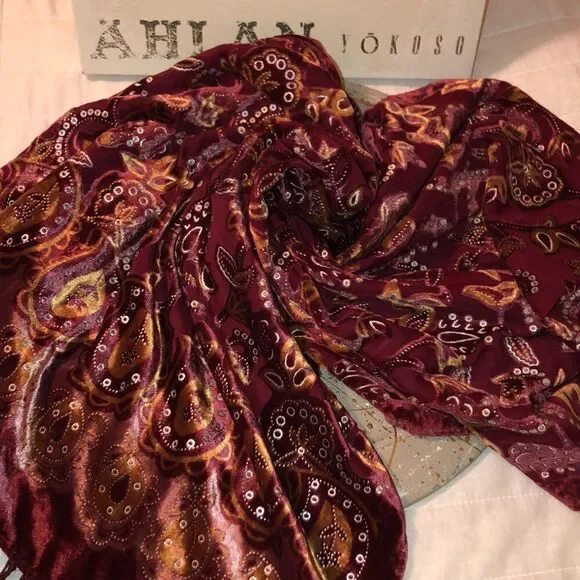 Large Velour Burgundy Mustard Gold Metallic Floral Paisley Scarf Wrap Tassels