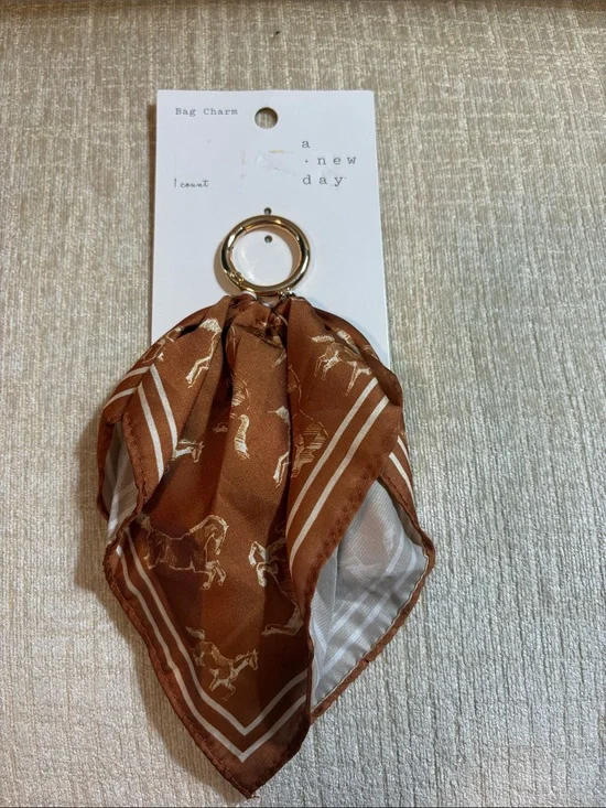 a new day Brown Horse-Print Scarf Bag Charm with Gold Ring