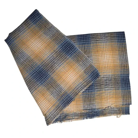 VINTAGE sewing FABRIC yellow‎ blue neutral plaid woven classic tartan 44x40