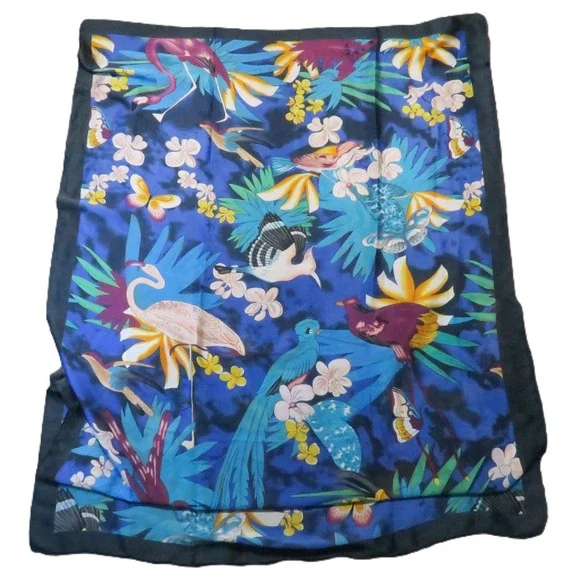 Vintage‎ Silk Scarf Birds Floral Blue Flamingo Butterflies Tropical Boho Island