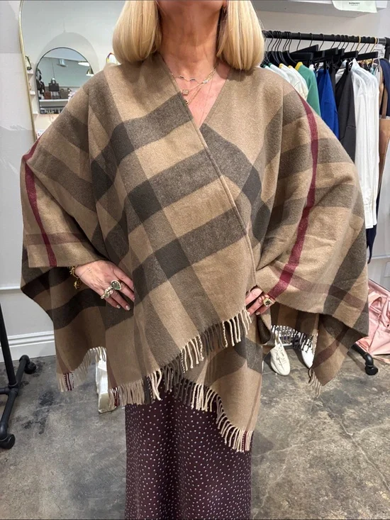 Burberry Camel Plaid Fringe Wrap with Burgundy Stripe