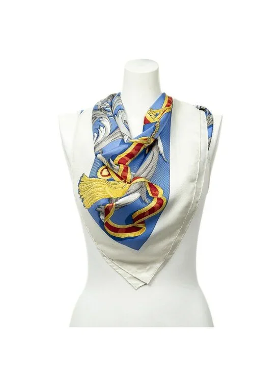 Hermes Scarf Blue Ivory Gold Silk