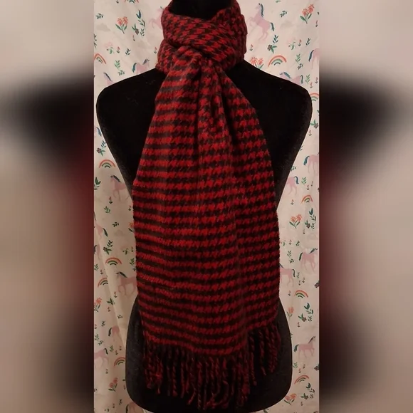 EUC Vintage Coach Red & Black Houndstooth Cashmere & Wool Casual Winter Scarf