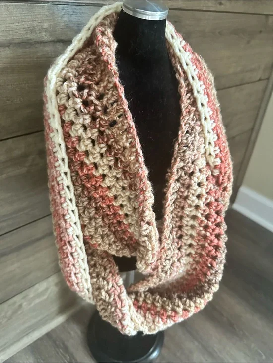 Handmade Crochet Infinity Scarf in Cream, Tan and Coral