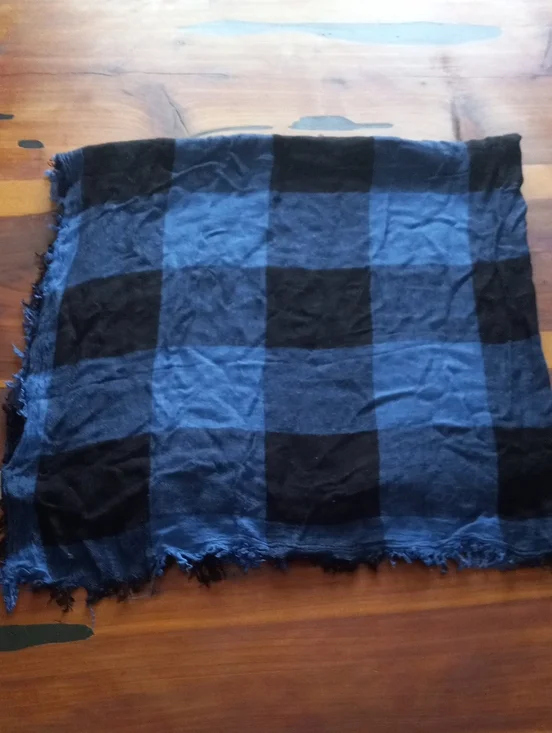 Blue and Black Buffalo Plaid Lightweight Blanket Scarf with Frayed Edge OS