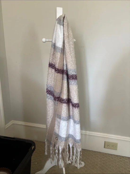 Calvin Klein Plaid Fringe Throw Blanket - Beige, White & Mauve Stripes