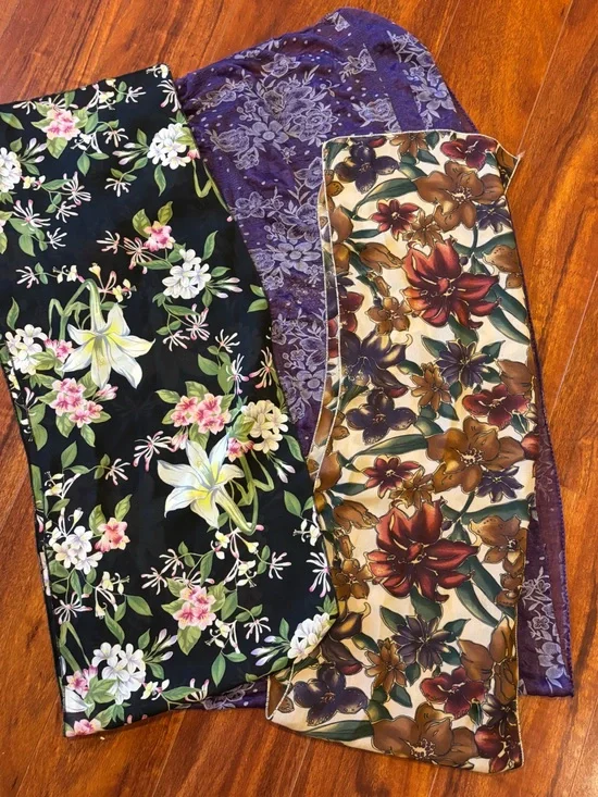 Floral Silk-Feel Scarf Trio — Black, Purple & Cream