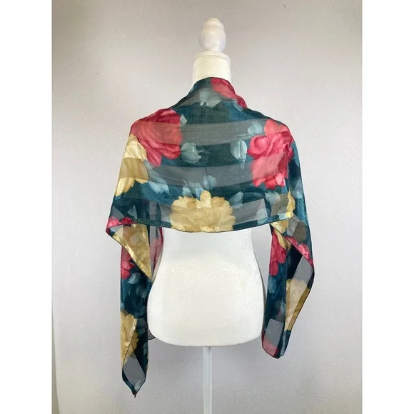 Romantic Floral‎ Unbranded Women Teal Red Yellow Sheer Chiffon Style Scarf Wrap