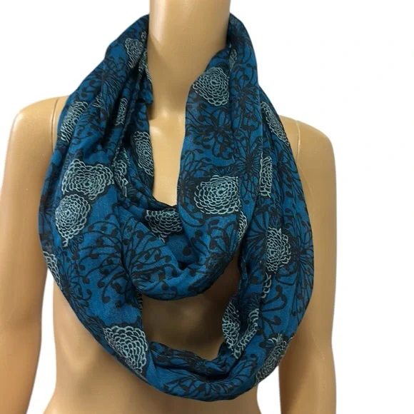Chatties Blue Black Floral Semi Sheer Infinity Scarf 25 inches long