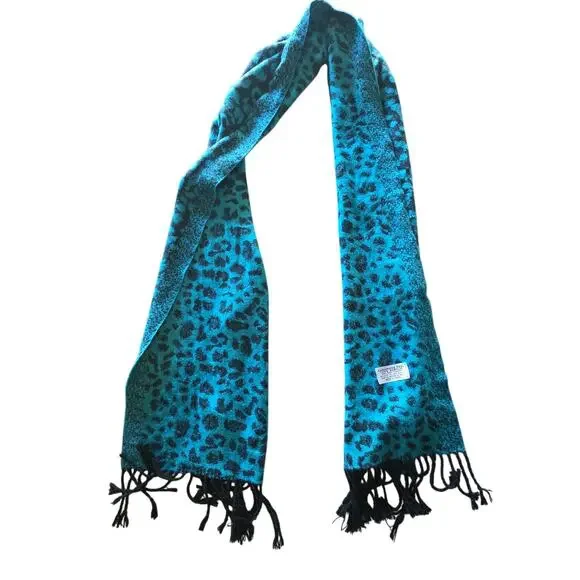 Cashmere Feel Womens Scarf 72Lx 12W‎ Blue Black Tassles Animal Print