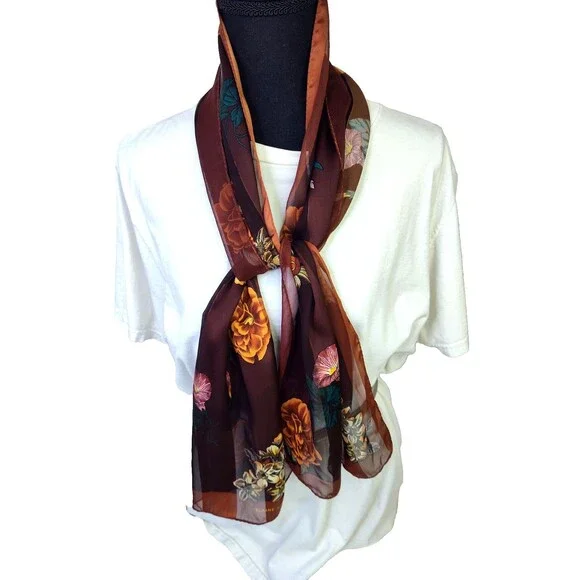 Elaine Gold Brown Floral Sheer Roses Long Vintage Chic 52