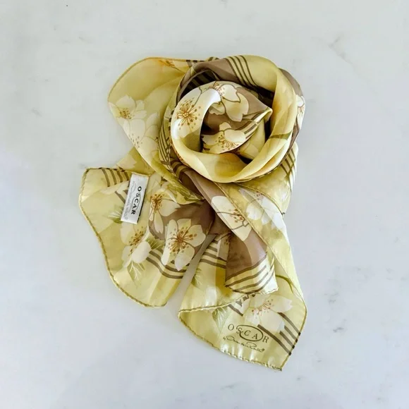 Oscar de la Renta Golden Cherry Blossom Silk Sateen Scarf, Rectangular (Oblong)