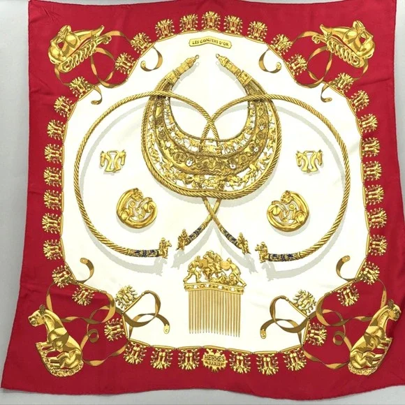 Hermes Scarf Silk Red Gold Les Cavaliers D'Or Horse Print Square Carre 90 VTG