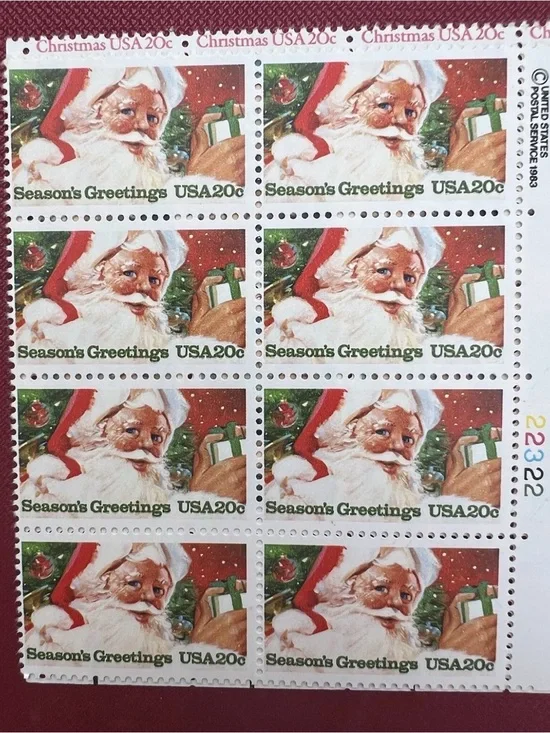 USA 20c Stamps Seasons Greetings Block of 8 stamps