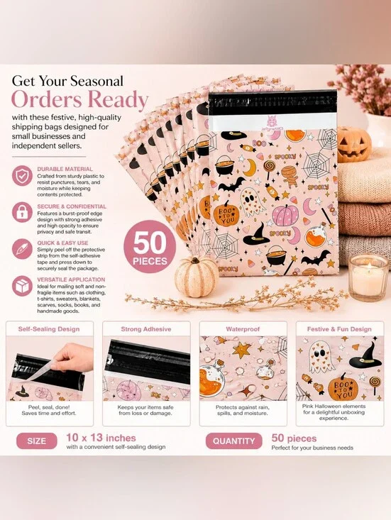 50 Halloween Spooky Heart Pumpkin Poly Mailers, 10x13 Inch Polymailers Ghost
