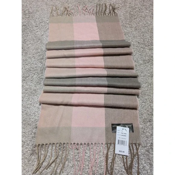 D&Y Scarf‎ Women Brown Pink Plaid Softer Than Cashmere Acrylic Fringe Wrap New
