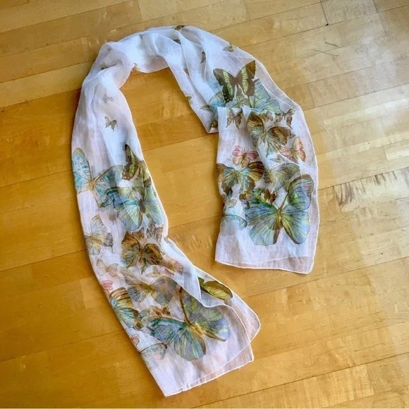 Butterfly Print Sheer, Lightweight Scarf, Ivory, Cream, Ecru, Colorful