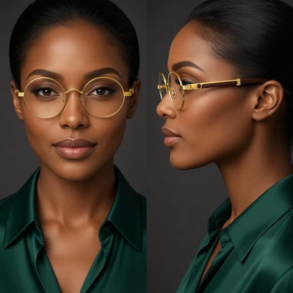 Women Eyeglasses Gold Frame Wood Arm Clear Lens Fashion Hip Hop Street Wear 2026