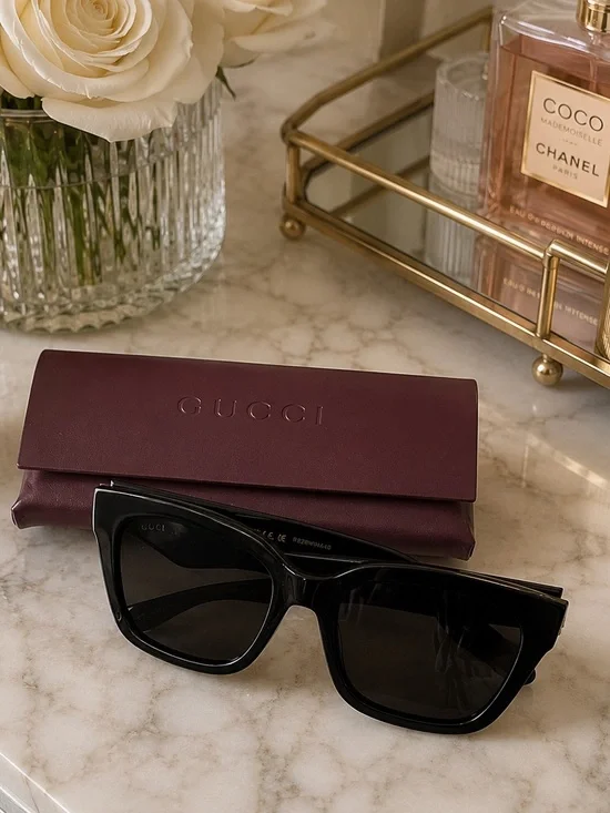 Gucci Black Square Women's Sunglasses with Gold Logo Accent Gucci GG1338S 001