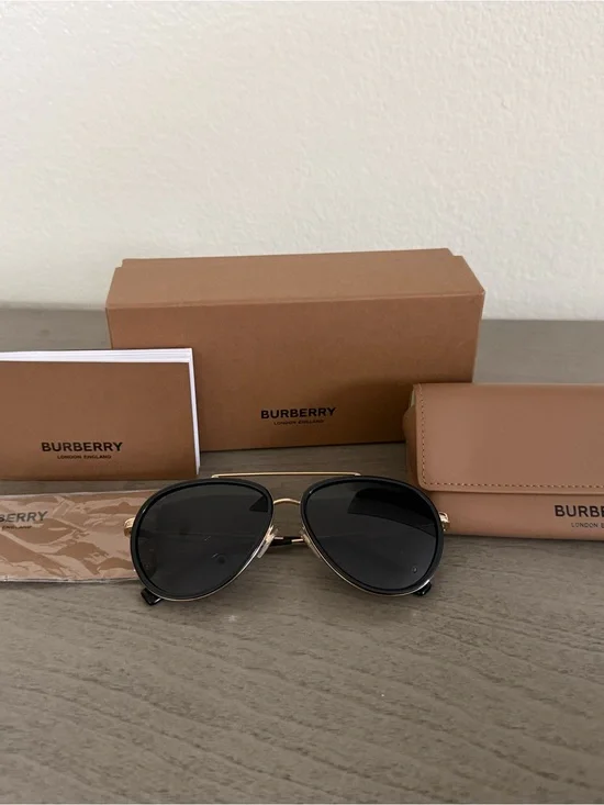 Burberry Black Lens Aviator Sunglasses with Gold Frame