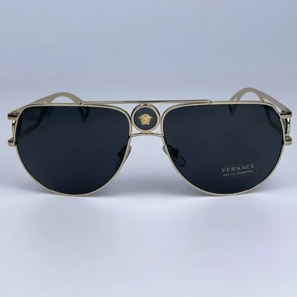 NEW Versace VE2225 MEDUSA PILOT 100287 Gold Gray Aviator Metal Unisex Sunglasses