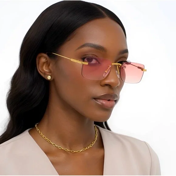 Pink Square Frameless Sunglasses‎ Gold Metal Frame Gradient Tinted Lens Hippie