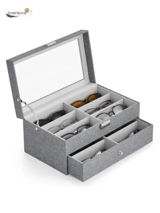 Linen Sunglasses Organizer Case with 12 Slots, Lockable Glass Lid, Jewelry
