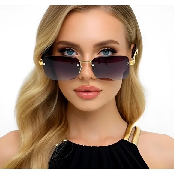 Womens Frameless‎ Rectangle Sunglasses Gold Black Gradient Lens Y2K Retro Shades