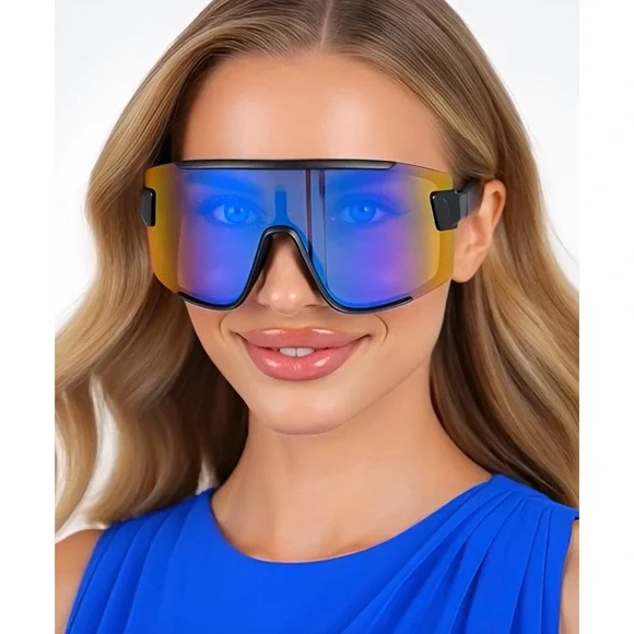 Oversized Shield Sunglasses Black Frame Iridescent Mirrored Lens‎ Women Lentes