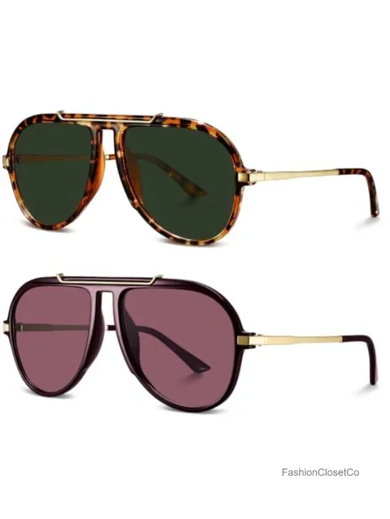 2 Pcs Oversized Square Sunglasses Polarized UV400 Retro 70s Aviator Unisex
