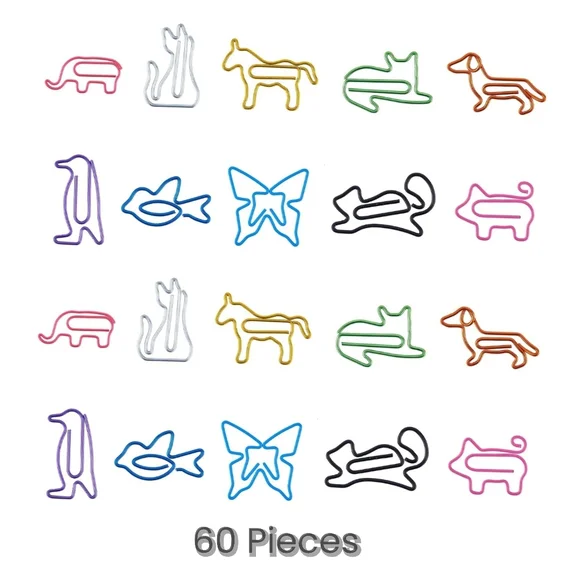 Colorful Animal Shaped Paper Clips. 60 Pieces. NWT